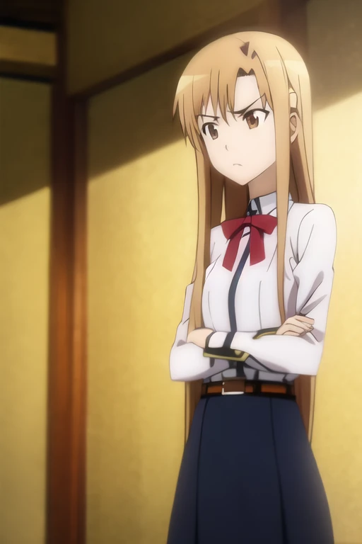 Asuna, Anime art style, One girl, alone, length_hair, skirt, Brown_hair, Brown_eye, very_length_hair, belt, Crossed_arms,Angry face