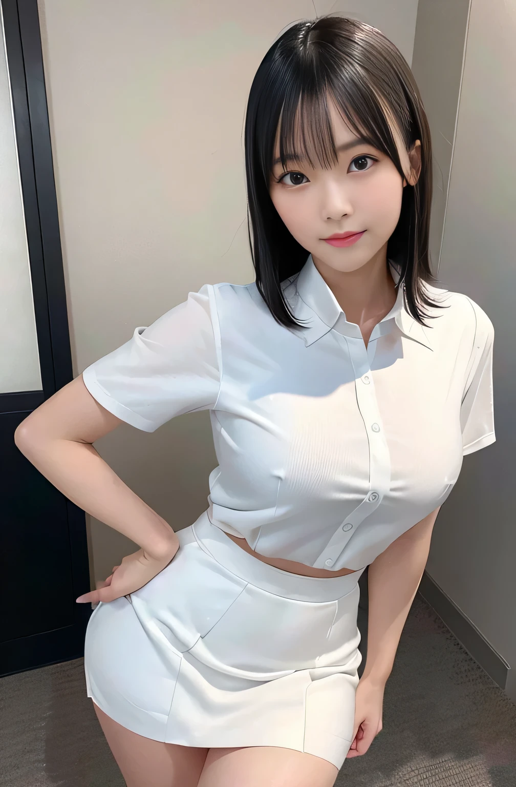Full Body、Standing posture、High heelasterpiece, best quality, photorealistic, raw photo, DSLR, 15-year-old beautiful Japanese girl, shiny fair skin, realistic beautiful no makeup face, realistic beautiful bright eyes, double eyelids, look at viewer, smiling, highest detailed shiny black short hair and bangs, disheveled hair, slim figure, slim face, slim waist, big breasts, narrow thighs, ((office worker, white collar, suit, tight skirt, large office)), realistic lighting and shadows, highest delicate and beautiful photo, ultra high resolution, 8k UHD wallpaper,