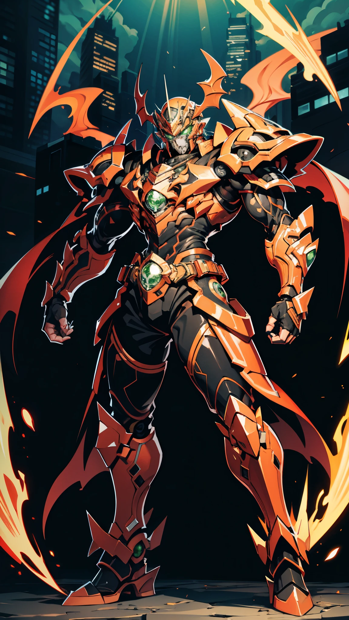 A man wearing a full-face helmet, a fantasy-style biotech armored combat suit, green eyes, (a composite layered chest armor), fully enclosed shoulder guards, matching arm and leg guards, the belt is adorned with fangs biting into orbs, (the color scheme is primarily black with red accents), the design balances heavy with agility, a high-tech bio-mecha armor, (Bat concept Armor, stand on the top of a skyscraper in a futuristic sci-fi city), this character embodies a finely crafted fantasy-surreal style armored hero in anime style, exquisite and mature manga art style, (element, plasma, energy, the armor glows), ((male:1.5)), metallic, real texture material, dramatic, high definition, best quality, highres, ultra-detailed, ultra-fine painting, extremely delicate, professional, perfect body proportions, golden ratio, anatomically correct, symmetrical face, extremely detailed eyes and face, high quality eyes, creativity, RAW photo, UHD, 32k, Natural light, cinematic lighting, masterpiece-anatomy-perfect, masterpiece:1.5