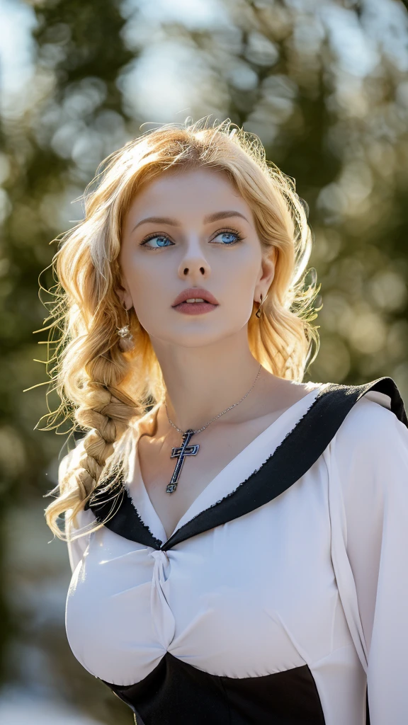 1 miniature Beautiful beautiful woman - Yuan Sayuki, ((top quality, 8K, Masterpiece:1.retty woman, 1 woman, huge breasts:1.3, a slim body:1.1, lush GINGER short hair with 2 buns, (shower, wet body, wet clothes:1.1), very detailed face, detailed lips, detailed eyes, double eyelids, Detailed blue eyes, чрезвычайно Detailed Outstanding Blue Eyes, short GINGER wet hair, GINGER wet hair, Detailed Outstanding Blue Eyes, innocent look at the viewer, very wet wavy white hair, Detailed Outstanding Blue Eyes, huge cross earrings, Outdoors, badges behind, gothic maid uniform,  sexy maid dress, bare chest, huge chest tattoo, detailed huge catholic cross earrings, chest tattoo, Outside, wear a silver cross (Detailed cross shape), reality mode, wet breasts, black necklace, human crowd behind, black latex gloves, hair of white snowy colour, night time, red neon lights, demonic nun, nimbus (golden lighting ring above her head), angel, snowy weather, sexy pose, white lingerie, black maid dress, detailed flower wreath made of different colours, open chest (tattoo on her chest)