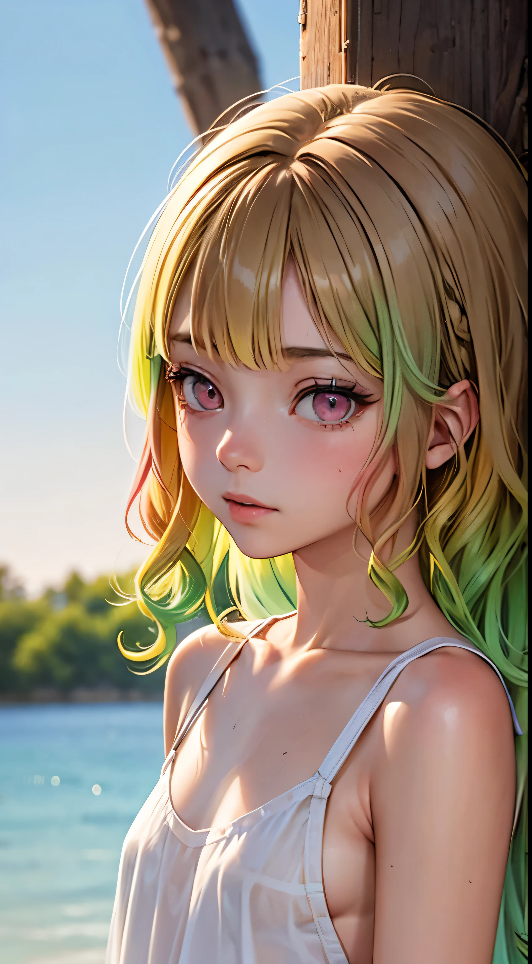 One woman, alone, alone Focus,Full Shot,Beaver,Half water color, Half Green, ((Brown Hair)), (Yellow Hair), (Gradient Hair :1.5), Curly Hair, ((Pink Eyes)), Ultra-detailed eyes, work, White see-through, (Small TI quality, Very detailed,Full Shot