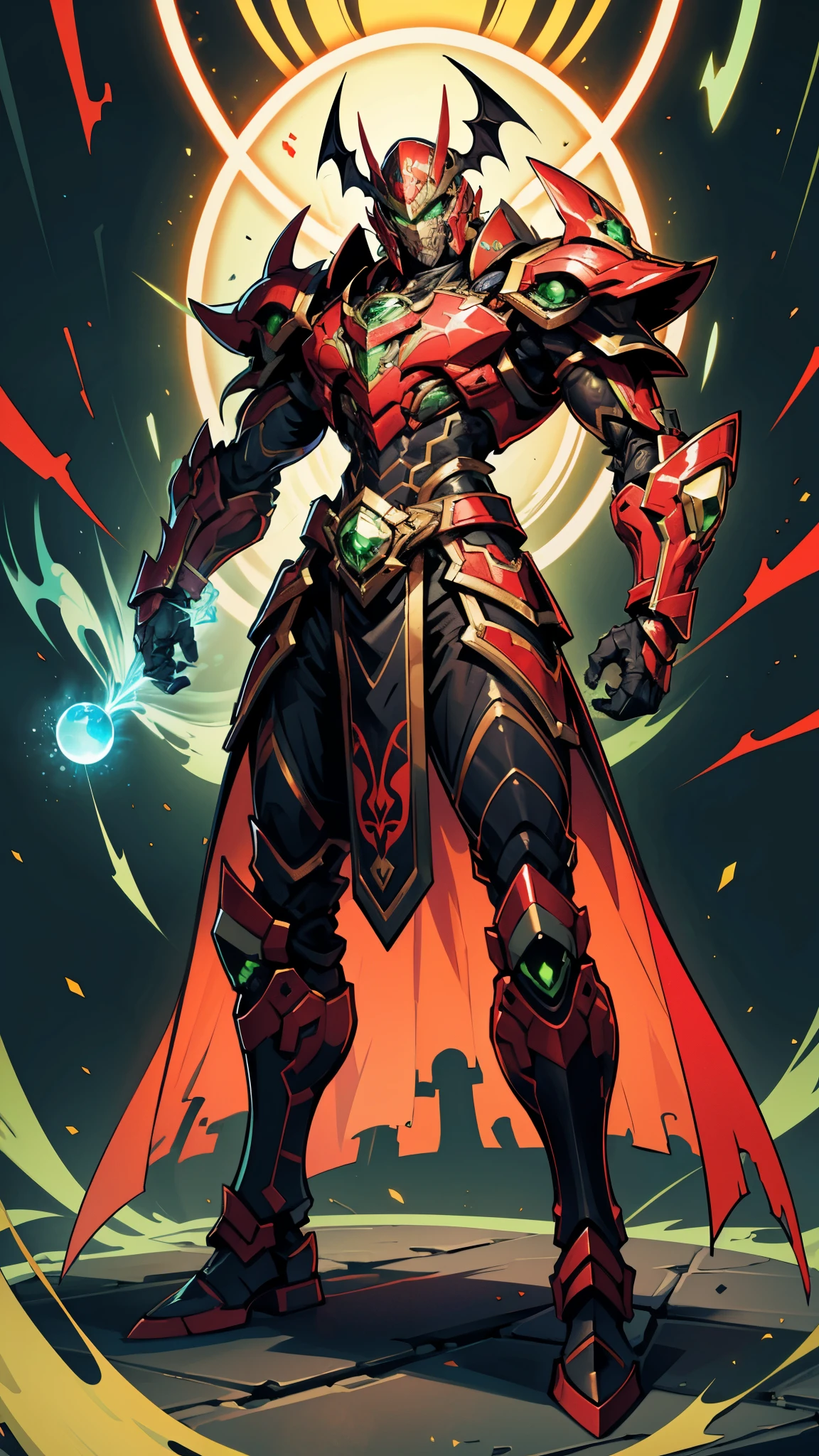 A man wearing a full-face helmet, a fantasy-style biotech armored combat suit, green eyes, (a composite layered chest armor), fully enclosed shoulder guards, matching arm and leg guards, the belt is adorned with fangs biting into orbs, (the color scheme is primarily black with red accents), the design balances heavy with agility, a high-tech bio-mecha armor, (Bat concept Armor, stand on the top of a skyscraper in a futuristic sci-fi city), this character embodies a finely crafted fantasy-surreal style armored hero in anime style, exquisite and mature manga art style, (element, plasma, energy, the armor glows), ((male:1.5)), metallic, real texture material, dramatic, high definition, best quality, highres, ultra-detailed, ultra-fine painting, extremely delicate, professional, perfect body proportions, golden ratio, anatomically correct, symmetrical face, extremely detailed eyes and face, high quality eyes, creativity, RAW photo, UHD, 32k, Natural light, cinematic lighting, masterpiece-anatomy-perfect, masterpiece:1.5