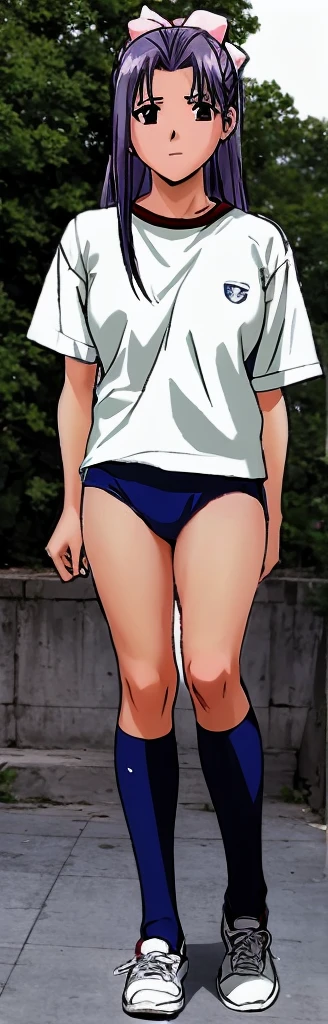 Momoko Koigakubo, a tall girl with beautiful legs, is wearing white gym clothes and light-colored navy blue bloomers that look like panties, and is standing at an angle with her legs spread to the sides.。I'm sitting。