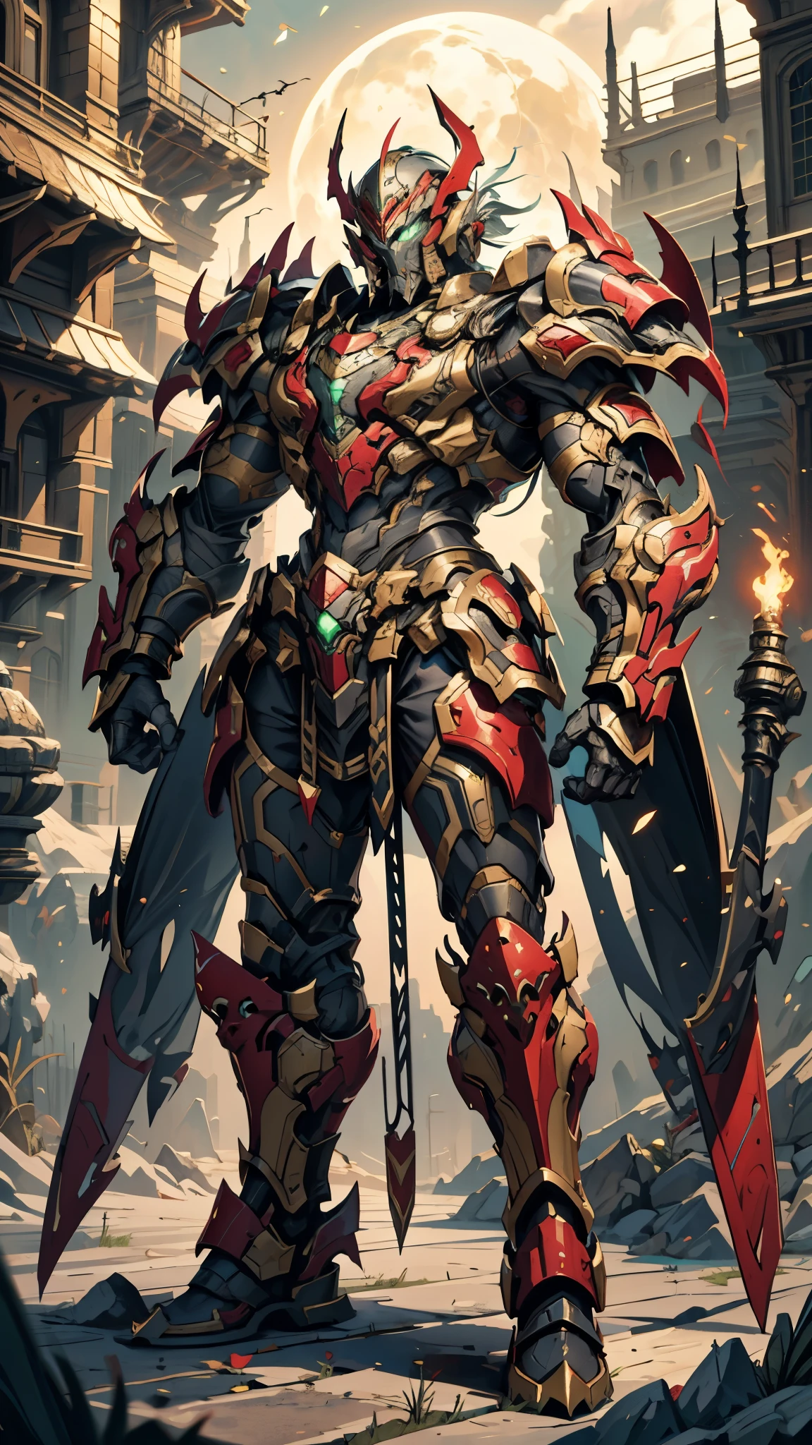 A man wearing a full-face helmet, a fantasy-style biotech armored combat suit, green eyes, (a composite layered chest armor), fully enclosed shoulder guards, matching arm and leg guards, the belt is adorned with fangs biting into orbs, (the color scheme is primarily black with red accents), the design balances heavy with agility, a high-tech bio-mecha armor, (Bat concept Armor, stand on the top of a skyscraper in a futuristic sci-fi city), this character embodies a finely crafted fantasy-surreal style armored hero in anime style, exquisite and mature manga art style, (element, plasma, energy, the armor glows), ((male:1.5)), metallic, real texture material, dramatic, high definition, best quality, highres, ultra-detailed, ultra-fine painting, extremely delicate, professional, perfect body proportions, golden ratio, anatomically correct, symmetrical face, extremely detailed eyes and face, high quality eyes, creativity, RAW photo, UHD, 32k, Natural light, cinematic lighting, masterpiece-anatomy-perfect, masterpiece:1.5
