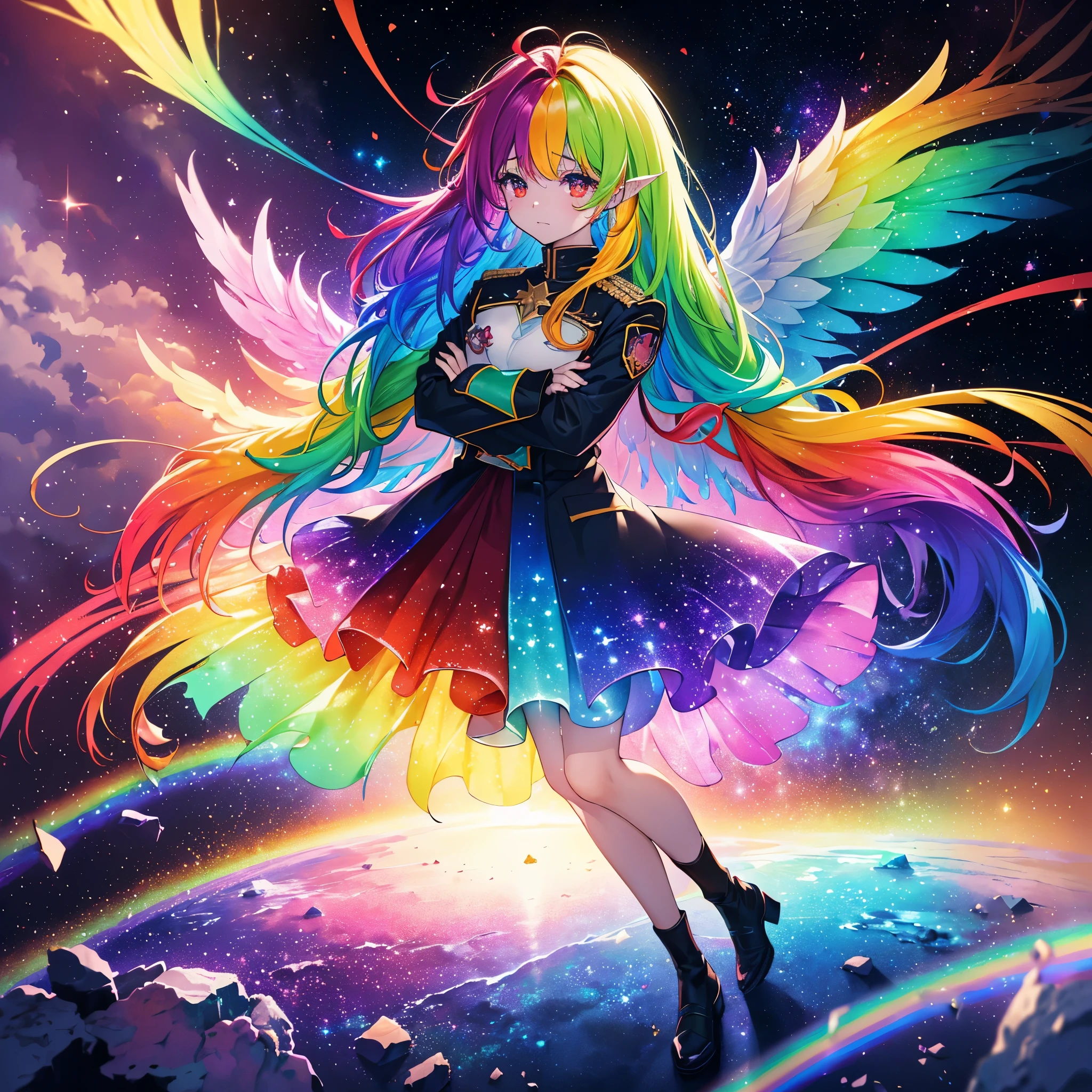 ((Fantasy Rainbow Hair Make your hair rainbow-colored on the inside Long Hair Dull red eyes Have a galaxy uniform Put on a coat without putting your arms through it Wings many times larger than me Lonely despair)) ((Tears gloves)) (Broken glass Distorted Space-Time star) Catch the wind fall Shining Background Particles of light, rainbow-colored edges