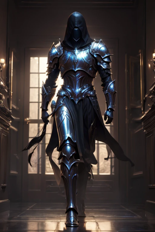 (master piece:1.5), (best quality:1.5), (exquisite lighting and shadow, highly dramatic picture, cinematic lens effect) (Photorealistic picture) highly detailed, realistic, cinematic lighting, studio quality, 8k, wallpaper, dynamic pose, anatomy correct, epic fantasy digital art, Epic composition, full body phantom living black metal armor