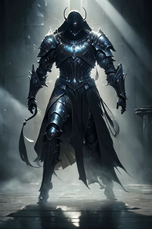 (master piece:1.5), (best quality:1.5), (exquisite lighting and shadow, highly dramatic picture, cinematic lens effect) (Photorealistic picture) highly detailed, realistic, cinematic lighting, studio quality, 8k, wallpaper, dynamic pose, anatomy correct, epic fantasy digital art, Epic composition, full body phantom living black metal armor
