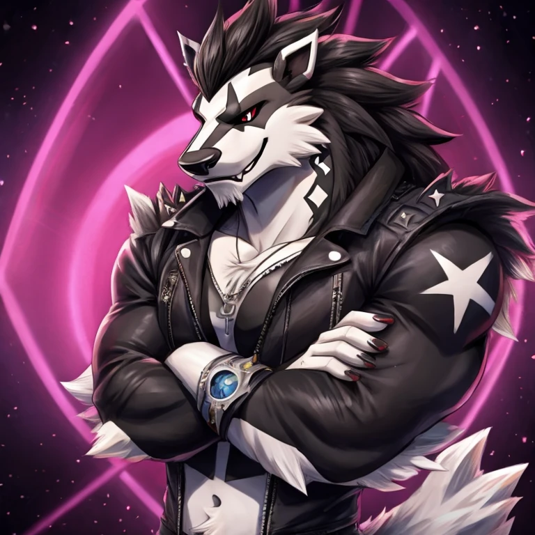 Pokemon Obstagoon, arms crossed, rockstar