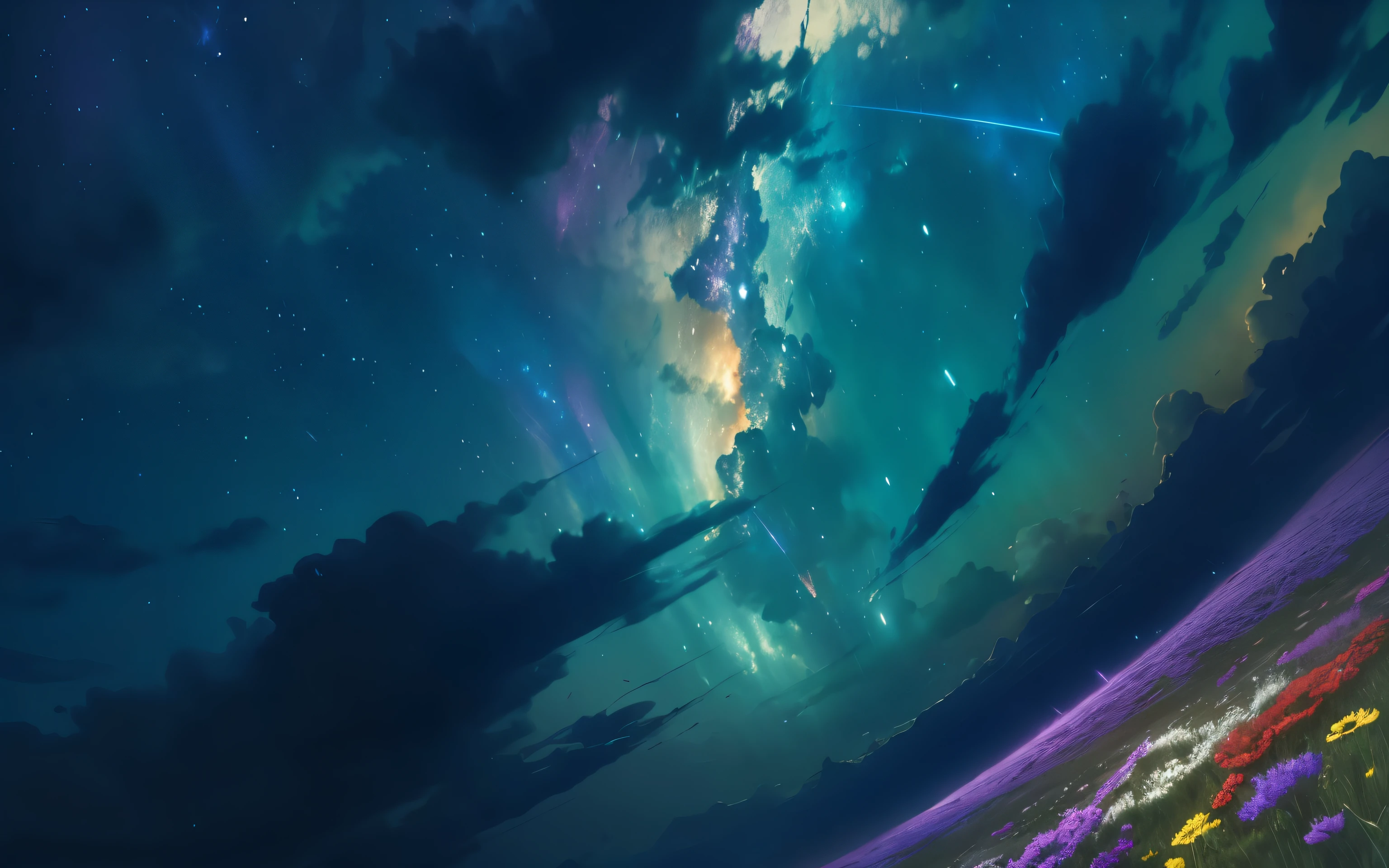 Wide landscape photography, (View from below, The sky is above, And the open field is below), Flower field under the stars, (meteor: 0.9), (nebula: 1.3), (Warm Light: 1.2), (fire Fly: 1.2), Light, Lots of purple and orange, Intricate details, Volumetric Lighting Break (masterpiece: 1.2), (highest quality), 4K, Super detailed, (Dynamic configuration: 1.4), Rich color and detail, (Rainbow-colored: 1.2), (Shine, Atmospheric lighting), dream-like, Magic, (alone: 1.2)
