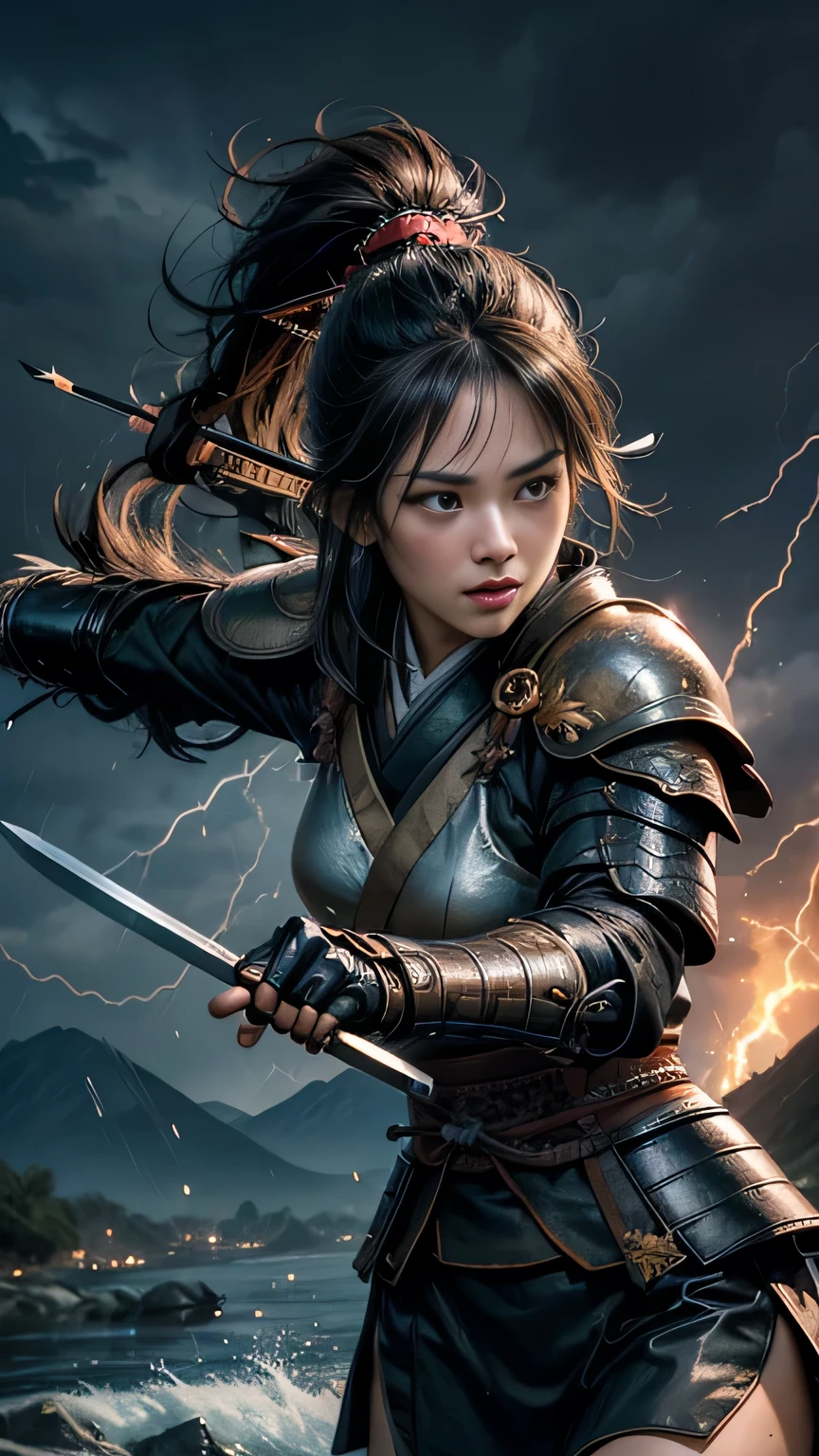 Timeless charm, elegance, photo movie-like ultra-ultra high definition, super real, 8K, ticker, ultra high resolution, masterpiece, (Photo Real Stick: 1.2), sharp focus,
1girl, cowboy shot, female warlord from the Sengoku period, (accurate anatomy: 1.5), pose during battle, severe expression, (very detailed skin and facial texture: 1.2), (Samurai Armor: 1.3), folded (Fighting with a sharp Japanese sword: 1.3), (Fighting in a storm: 1.2), ((Rain, thunder, rising smoke, sparks, flying arrows, many arrows) ,)), aesthetic, cute beauty, (perfect style: 1.2), fair skin, very beautiful face, dark eyes, long black hair in a ponytail, messy hair, beautiful face, exquisite face, perfect proportions, drop shape breasts, large breasts, thick thighs, (beautiful brown eyes, ), (dynamic pose, change pose, dynamic angle,), dark night, big river, riverbed, Japanese wilderness, (wide angle of view: 1.5),