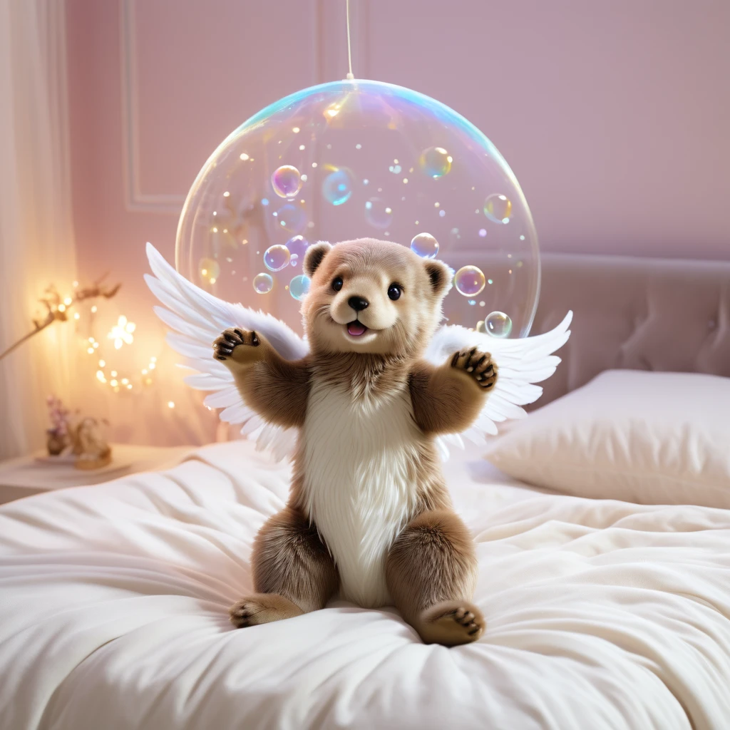 (best quality,4k,8k,highres,masterpiece:1.2),ultra-detailed,(realistic,photorealistic,photo-realistic:1.37),angelic otter with wings and halo,bedroom scene,toys,mischievous,playful,curious eyes,soft fur,ethereal glow,peaceful atmosphere,dream-like,warm lighting,pastel colors,gentle floating,soothing music,whimsical,delicate wings,translucent halo,joyful laughter,happiness,serene expression,plush teddy bear,floating bubbles,comfortable bed,twinkling stars,colorful dreamland,fantasy world,innocence,childhood magic,touch of magic,fairy tale vibes,lighthearted,enchanted moment,imaginative playtime,blissful dreams,floating feathers,fairytale-inspired