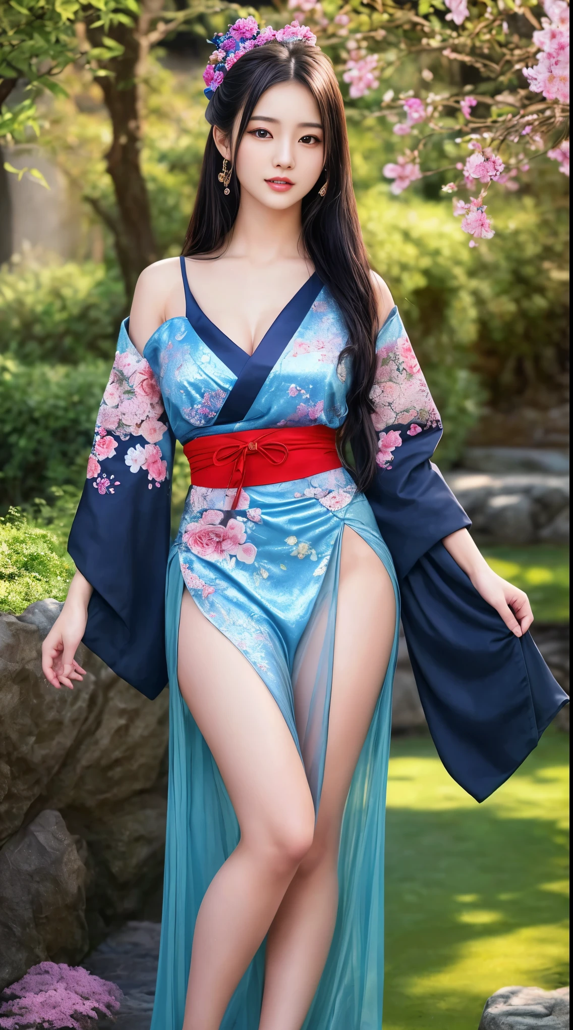 最high quality、high quality、Best image quality、8k、最High resolution、High resolution、最high quality、masterpiece、RAW Photos、whole body写真、Detailed and realistic human body、Detailed and realistic skin、Realistic face in every detail、Detailed and realistic eyes、Detailed and realistic lips、Detailed and realistic teeth、Detailed and realistic ears、Detailed and realistic hair、Realistic reproduction of every detail、細部までリアルなreferenceする、((Perfect and beautiful5referenceする(親referenceする1reference4))、Realistic feet down to the last detail、((Beautiful Japanese Girl))、(Japanese Model)、((18 year old beautiful girl))、(Black Hair)、(Straight hair)、((whole body))、((Slim and perfect figure))、(Beautiful firm breasts)、(whole body光沢肌、Fair skin)、Soft natural light、China dress、kimono、Ninja costume、Japanese tradition、Japanese garden、((Colorful see-through(Floral Ninja Costume))、((Relax in the garden(Make your thighs look beautiful))