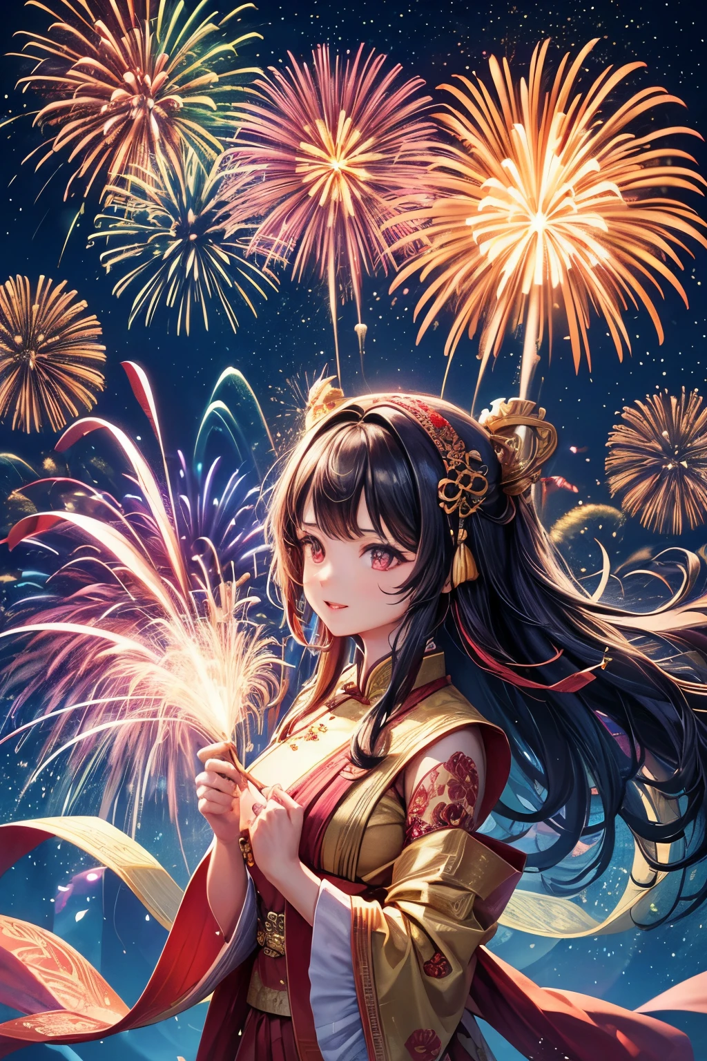 (best quality, highres:1.2), 1wallpaper, vibrant, detailed fireworks, intricate patterns, awe-inspiring, dramatic, night sky backdrop, vivid colors, HDR, studio lighting, ultra-fine digital art, sharp focus, extreme detail description, wallpapers, dynamic compositions, gradients, multiple layers, bursts, glittering sparks, motion blur, celebration scene, Fourth of July, Diwali, Chinese New Year, or New Year's Eve, fireworks display, created by Kai Zhuang Yanhuang, S2 artwork, Kai Zhuang digital signature, Kai Zhuang Yanhuang at the Dev