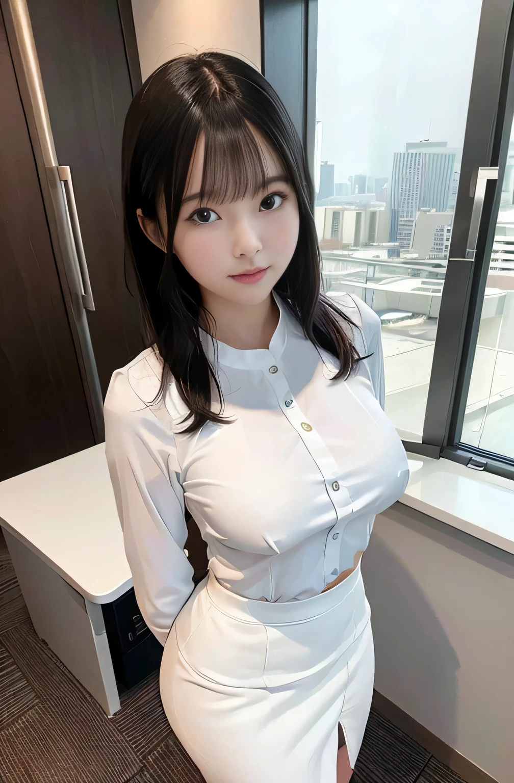Full Body、Standing posture、High heelasterpiece, best quality, photorealistic, raw photo, DSLR, 15-year-old beautiful Japanese girl, shiny fair skin, realistic beautiful no makeup face, realistic beautiful bright eyes, double eyelids, look at viewer, smiling, highest detailed shiny black short hair and bangs, disheveled hair, slim figure, slim face, slim waist, big breasts, narrow thighs, ((office worker, white collar, suit, tight skirt, large office)), realistic lighting and shadows, highest delicate and beautiful photo, ultra high resolution, 8k UHD wallpaper,