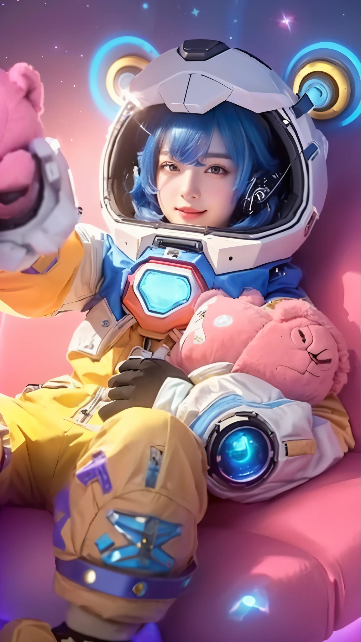 best quality, ultra-detailed, realistic, high-res portrait of a girl in a space suit with a teddy bear, detailed spacesuit design with NASA patches and logos, vibrant and vivid colors, shining metallic texture, realistic reflections on the helmet visor, detailed facial features and expressions, long eyelashes, intense eyes, cute smile, anime-style depiction with large eyes and small nose and mouth, dynamic pose with the girl holding a teddy bear close to her chest, a futuristic spaceship in the background with intricate details and sleek design, starry night sky with nebulae and galaxies, dramatic lighting with a soft glow illuminating the girl's face and suit, the girl's hair floating in zero gravity, futuristic technology elements incorporated into the scenery, intricate patterns and textures on the teddy bear, creating a sense of warmth and comfort in the vastness of space.