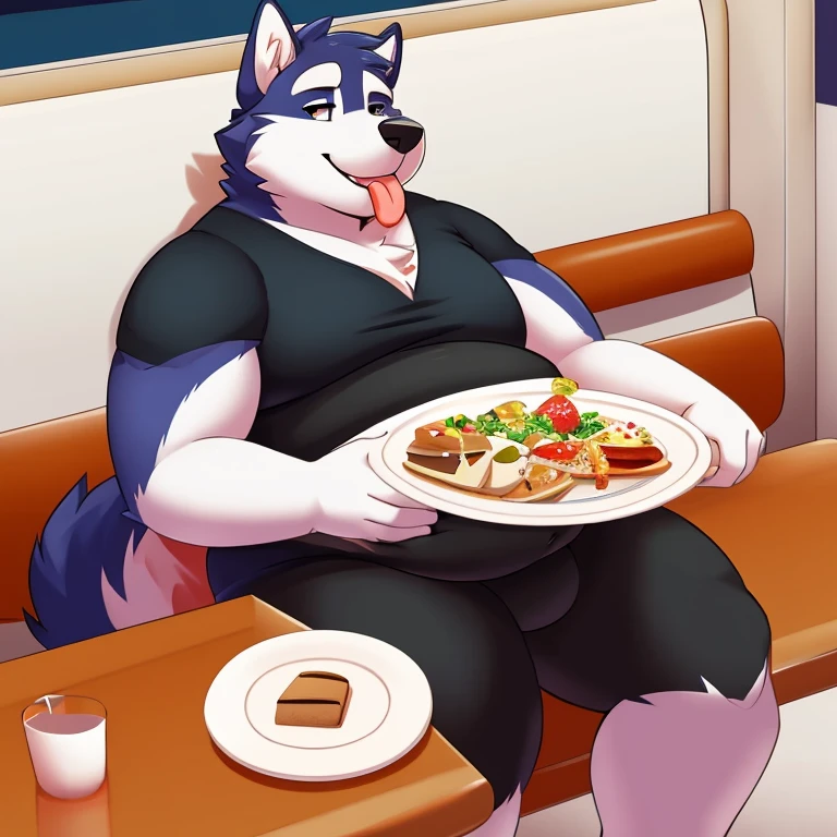 Solo, husky, fat, sitting in a dining booth, in booth, American diner setting, reclining, hand on belly, arm over chair, tongue out, table covered in empty plates