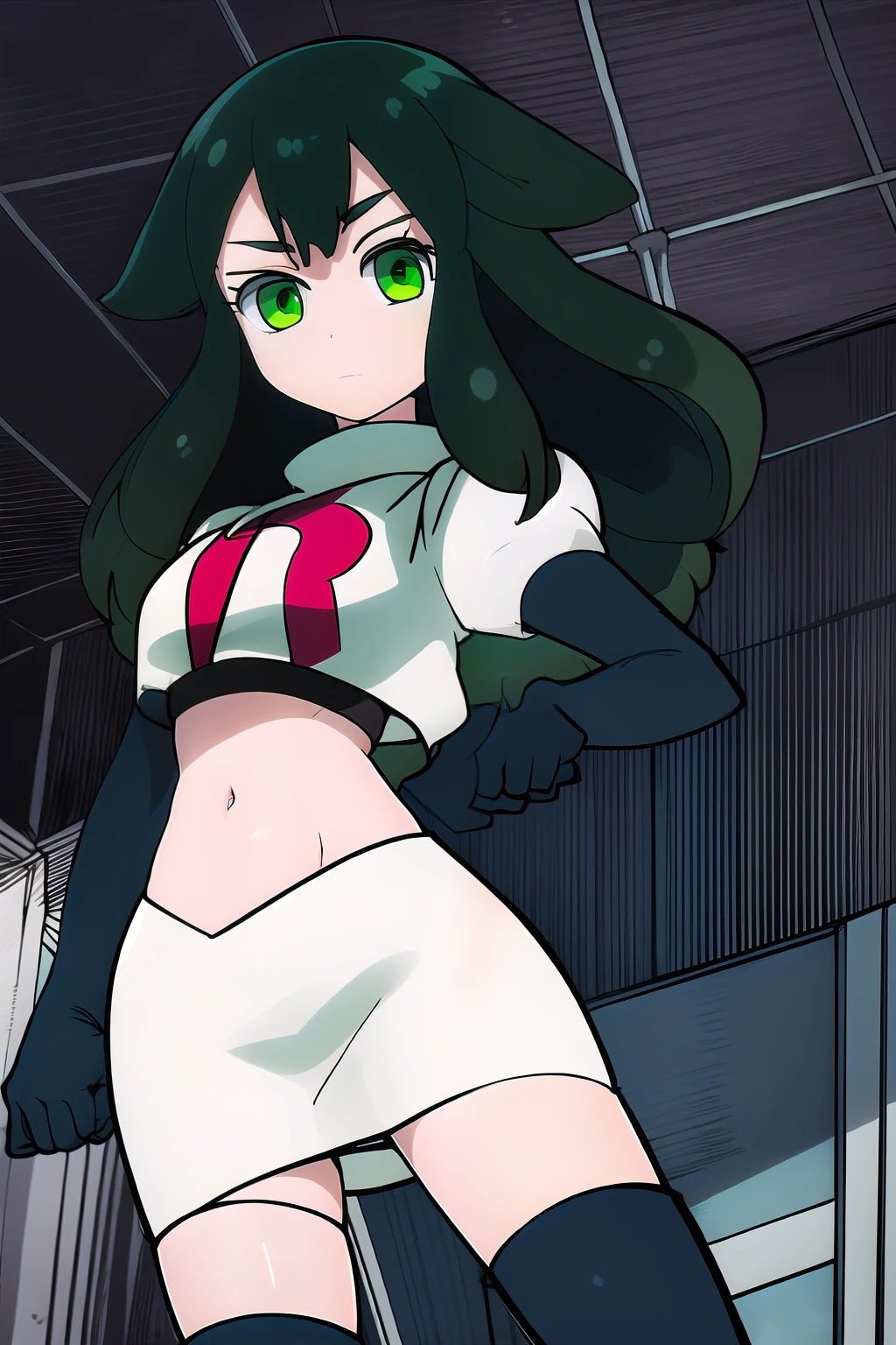 masterpiece, highly detailed, 1girl, utsutsu, green hair, green eyes, team rocket,team rocket uniform,white skirt,red letter R,crop top,black thigh-highs,black elbow gloves