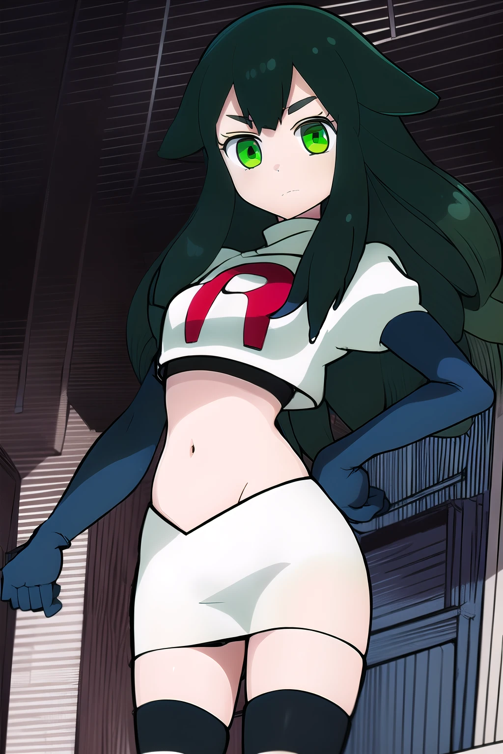 masterpiece, highly detailed, 1girl, utsutsu, green hair, green eyes, team rocket,team rocket uniform,white skirt,red letter R,crop top,black thigh-highs,black elbow gloves