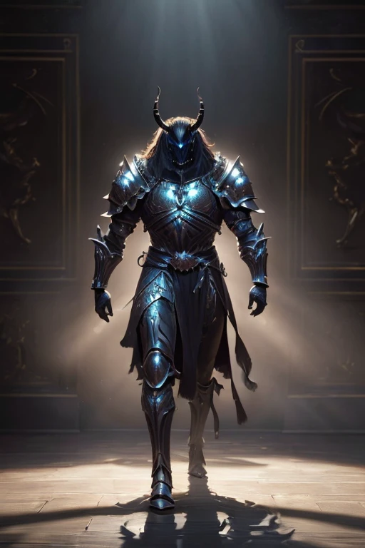 (master piece:1.5), (best quality:1.5), (exquisite lighting and shadow, highly dramatic picture, cinematic lens effect) (Photorealistic picture) highly detailed, realistic, cinematic lighting, studio quality, 8k, wallpaper, dynamic pose, anatomy correct, epic fantasy digital art, Epic composition, full body phantom living black metal minotaur armor with large horns