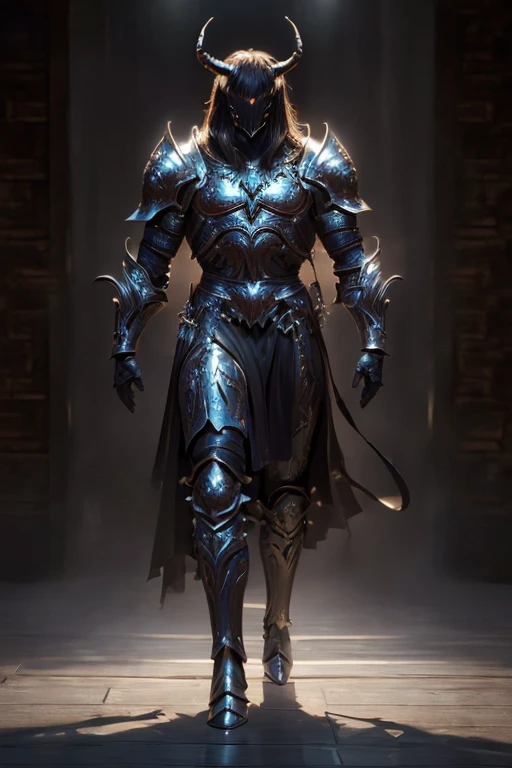 (master piece:1.5), (best quality:1.5), (exquisite lighting and shadow, highly dramatic picture, cinematic lens effect) (Photorealistic picture) highly detailed, realistic, cinematic lighting, studio quality, 8k, wallpaper, dynamic pose, anatomy correct, epic fantasy digital art, Epic composition, full body phantom living black metal minotaur armor with large horns
