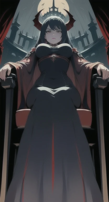 Hell fortress life, demon empress, Daria,

Glaring at Viewer, From below, Focus, 
Hell fortress, throne,
​masterpiece, top-quality, Anatomically correct, SFW,
POV, imperial dress,