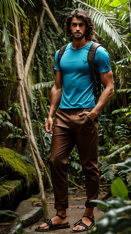 Tall, handsome, strong man with long, wavy, light brown hair, wearing a sky blue cotton t-shirt, black cotton pants, an obsidian rosary, a large light brown traveler backpack,leather sandals standing in a jungle and ruins of a pre-Hispanic civilization