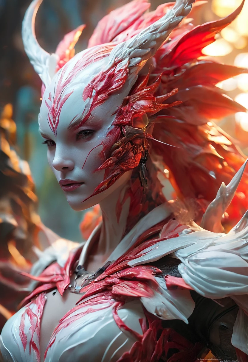 (best quality,4k,8k,highres,masterpiece:1.2), ultra-detailed, (realistic,photorealistic,photo-realistic:1.37), white creature, otherworldly, Lovecraftian, chitinous skin, bioluminescent patterns, somber color palette, eerie lighting.(NSFW:1.4), white, pink, red, very long sharp red claws, large claws, She has bioluminescent all over her body. moist skin, (Ultra-detailed and complex skin patterns:1.2), (Translucent chitinous exoskeleton:1.3), (extremely thin waist:1.4), (destroyed anatomy:1.5), ferocious, erotic