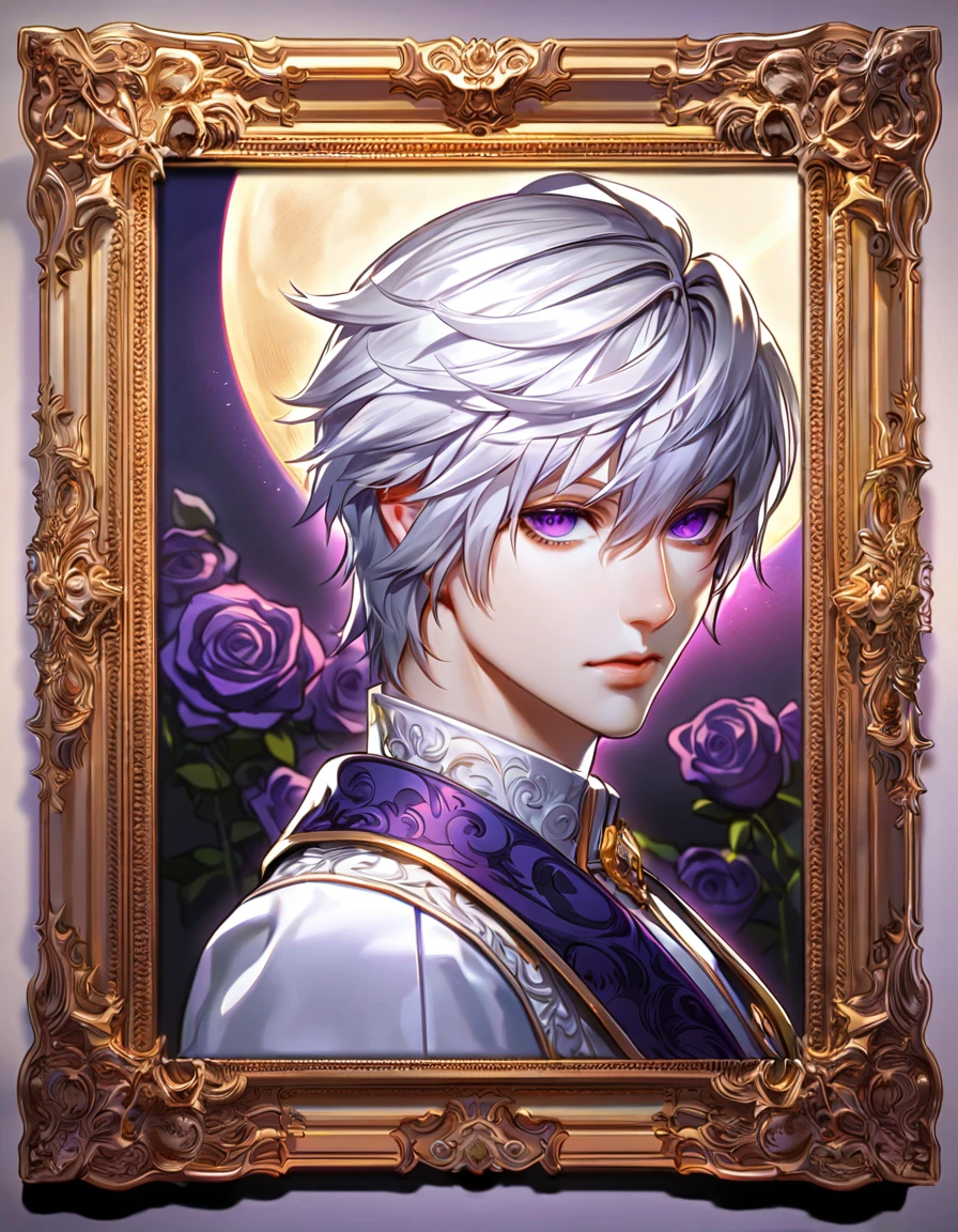 (absurdres, highres, ultra detailed, HDR), masterpiece, best quality, Add, 1man, solo, handsome, white hair, vibrant purple eyes, Elsword, finely eye and detailed face, purple roses, moon