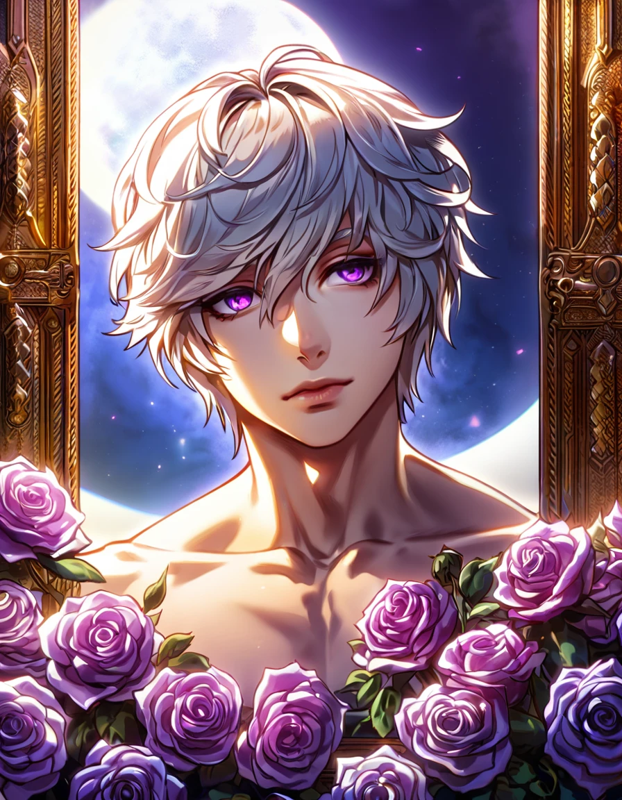 (absurdres, highres, ultra detailed, HDR), masterpiece, best quality, Add, 1man, solo, handsome, white hair, vibrant purple eyes, Elsword, finely eye and detailed face, purple roses, moon