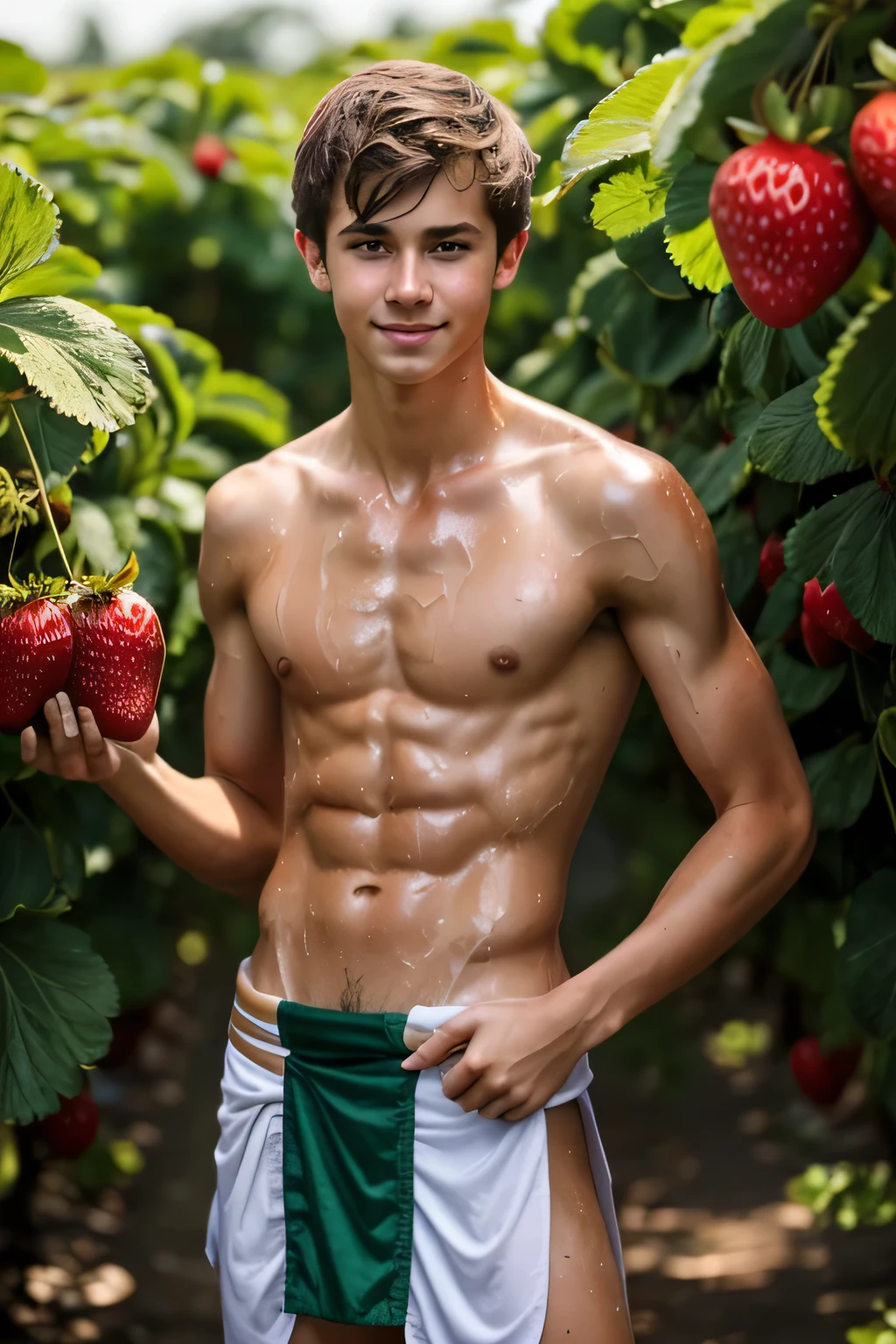 a skinny shirtless 18-year old caucasian boy wearing loincloth, brown hair, cute face, green eyes, tanned skin, drenched in sweat, sweating profusely, in the strawberry farm
