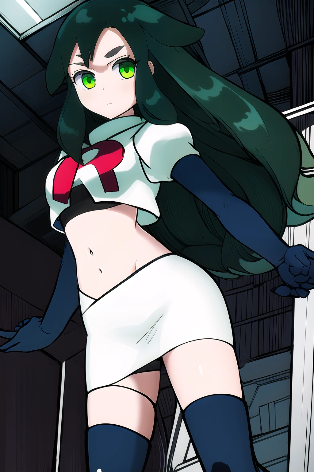 masterpiece, highly detailed, 1girl, utsutsu, green hair, green eyes, team rocket,team rocket uniform,white skirt,red letter R,crop top,black thigh-highs,black elbow gloves
