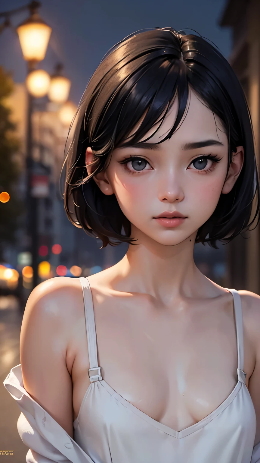 (,Street lamp,moon),masterpiece, One woman, Solo Exhibitions, Beautiful woman with small breasts,Beautiful Goddess Portrait, Beautiful and elaborate face, Porcelain-like skin, (((Full Shot,center, night, Black Hair, short hair)), Very soft lighting, Symmetric, complicated, grace, Attention to detail, realism, art, concept art,White clothes