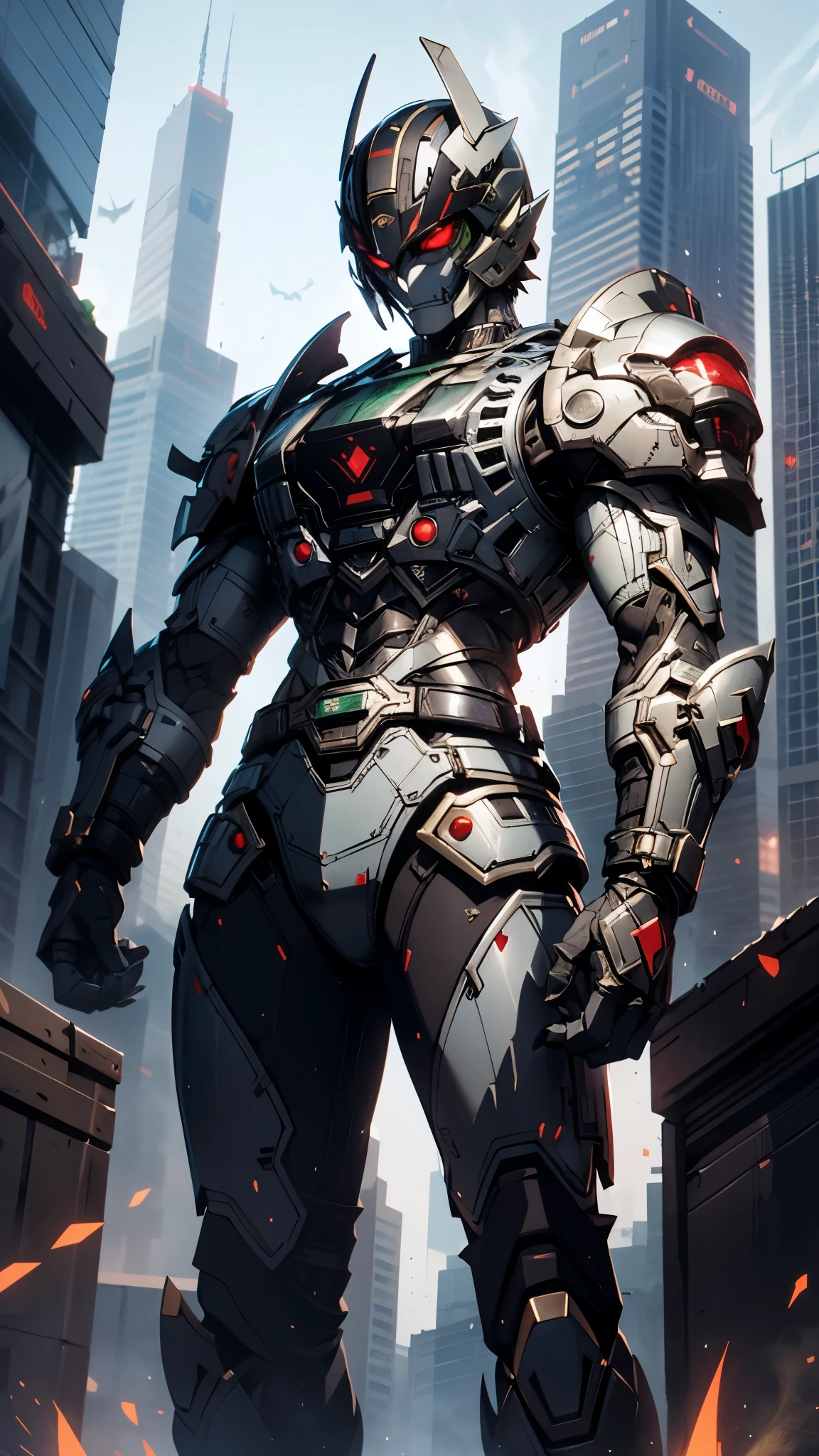 A man wearing a full-face helmet, a fantasy-style biotech armored combat suit, green eyes, (a composite layered chest armor), fully enclosed shoulder guards, matching arm and leg guards, the belt is adorned with fangs biting into orbs, (the color scheme is primarily black with red accents), the design balances heavy with agility, a high-tech bio-mecha armor, (Bat concept Armor, stand on the top of a skyscraper in a futuristic sci-fi city), this character embodies a finely crafted fantasy-surreal style armored hero in anime style, exquisite and mature manga art style, (element, plasma, energy, the armor glows), ((male:1.5)), metallic, real texture material, dramatic, high definition, best quality, highres, ultra-detailed, ultra-fine painting, extremely delicate, professional, perfect body proportions, golden ratio, anatomically correct, symmetrical face, extremely detailed eyes and face, high quality eyes, creativity, RAW photo, UHD, 32k, Natural light, cinematic lighting, masterpiece-anatomy-perfect, masterpiece:1.5