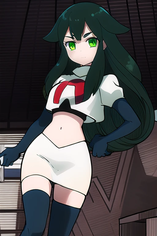 masterpiece, highly detailed, 1girl, utsutsu, green hair, green eyes, team rocket,team rocket uniform,white skirt,red letter R,crop top,black thigh-highs,black elbow gloves