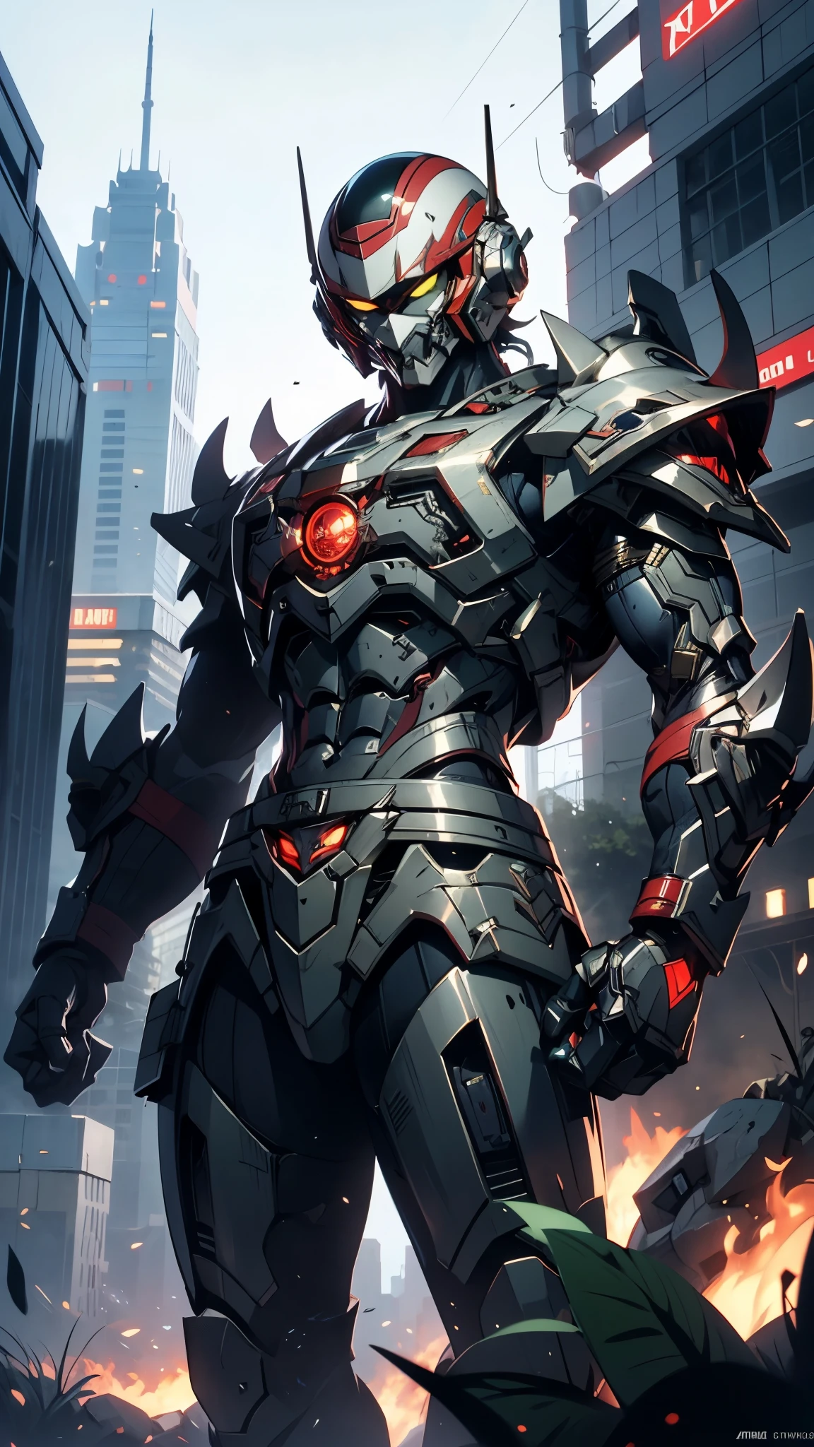 A man wearing a full-face helmet, a fantasy-style biotech armored combat suit, green eyes, (a composite layered chest armor), fully enclosed shoulder guards, matching arm and leg guards, the belt is adorned with fangs biting into orbs, (the color scheme is primarily black with red accents), the design balances heavy with agility, a high-tech bio-mecha armor, (Bat concept Armor, stand on the top of a skyscraper in a futuristic sci-fi city), this character embodies a finely crafted fantasy-surreal style armored hero in anime style, exquisite and mature manga art style, (element, plasma, energy, the armor glows), ((male:1.5)), metallic, real texture material, dramatic, high definition, best quality, highres, ultra-detailed, ultra-fine painting, extremely delicate, professional, perfect body proportions, golden ratio, anatomically correct, symmetrical face, extremely detailed eyes and face, high quality eyes, creativity, RAW photo, UHD, 32k, Natural light, cinematic lighting, masterpiece-anatomy-perfect, masterpiece:1.5