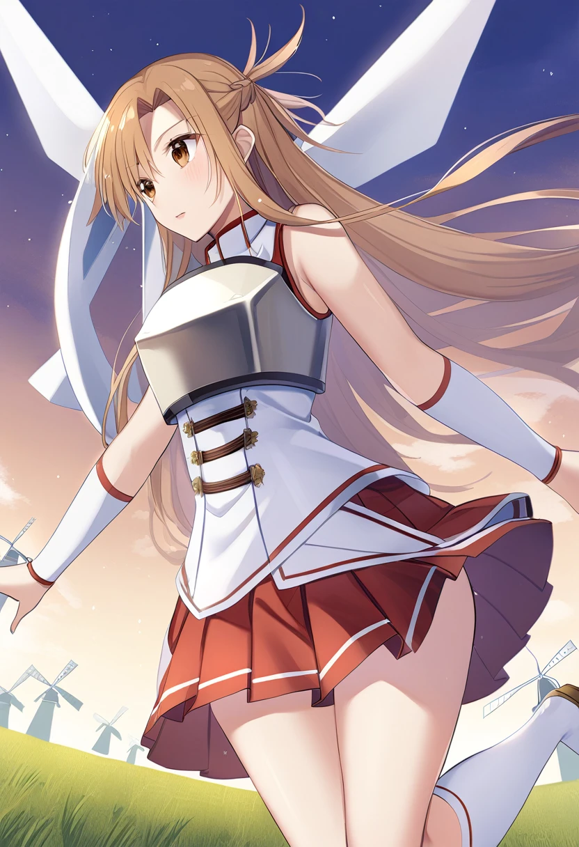 Asuna_\(star\), length_hair, skirt, red_skirt, independent_sleeve, windmill, white_Knee socks, Brown_hair, Brown_eye, breastplate, alone, Pleats_skirt, miniskirt,white_belt