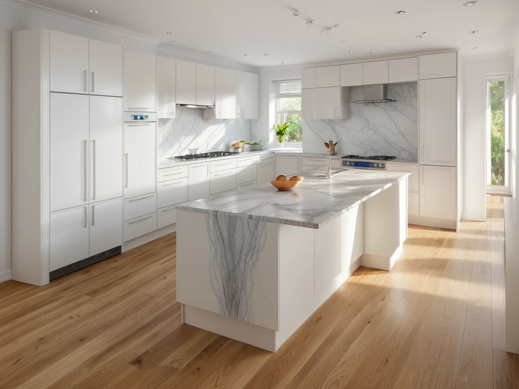 kitchen interior, natural light, ((window)), pendant light, timber floor, fridge, , blue and white cupboards, white marble benchtop, (realistic 1:2), masterpiece, art an wall.