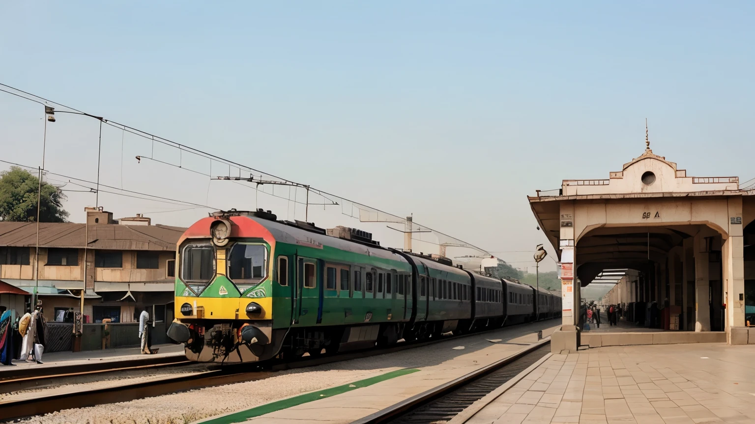 Three pakistani trains in the morning passing through a railway station with amazing speed
