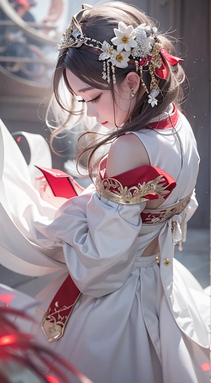 super high quality、masterpiece、Perfect illustration、Extreme Detail (Exquisite light and shadow、A very dramatic picture、) stroke、1 girl、solo、Beautifully detailed and large eyes、Baby Face、(red、white、Wearing black Hanfu)、(white煙:1.3) (Real:1.4)、、Official Art、Unity 8K Wallpaper、Super detailed、Beautiful and beautiful、masterpiece、highest quality、(Dynamic Angle: 1.4)、Glowing Skin、(Floating colorful flashes: 1) The most beautiful chaotic form、Elegant brutalist design、Bright colors、romantic depth of field、Exotic Dance、