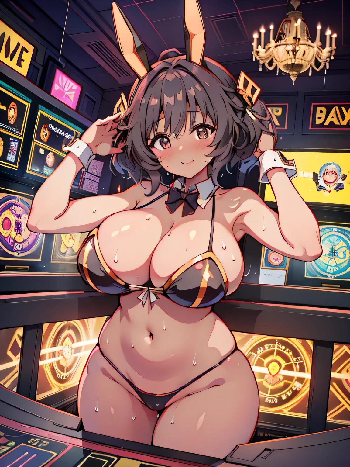Anime illustration、highest quality、cyber punk、Voluptuous gravure idol、Perfect proportions、Dark-skinned Bunny Girl、Bunny ears、Luxury Casino、chandelier、Slot Machines、Giant roulette wheel、smile、Big Breasts、Thick thighs、Sweaty、Cowboy Shot