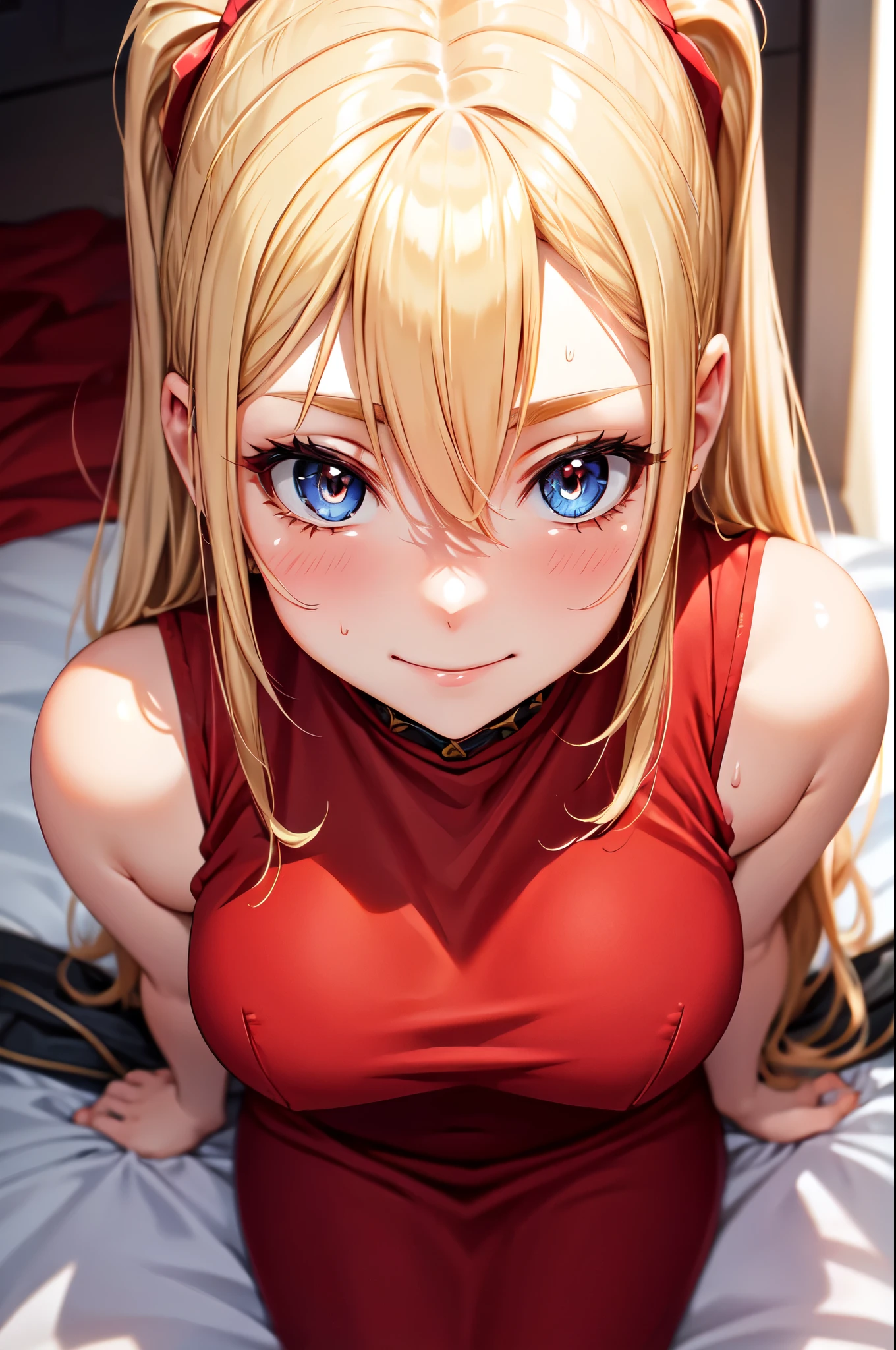 (High quality, High resolution, Fine details), BREAK (White Room), solo, curvy adult women, BREAK blond hair, Graceful hairstyle, sparkling eyes, (Detailed eyes:1.2), Natural Makeup, smile, blush, Sweat, Oily skin, BREAK (Red long dress), Soft tones, shallow depth of field