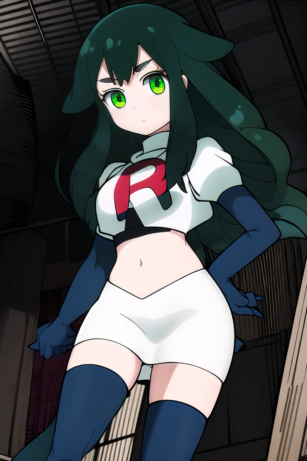 masterpiece, highly detailed, 1girl, utsutsu, green hair, green eyes, team rocket,team rocket uniform,white skirt,red letter R,crop top,black thigh-highs,black elbow gloves