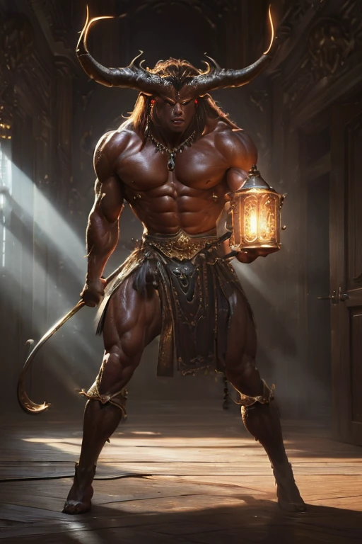 (master piece:1.5), (best quality:1.5), (exquisite lighting and shadow, highly dramatic picture, cinematic lens effect) (Photorealistic picture) highly detailed, realistic, cinematic lighting, studio quality, 8k, wallpaper, dynamic pose, anatomy correct, epic fantasy digital art, Epic composition, full body big muscular minotaur with long large demon horns