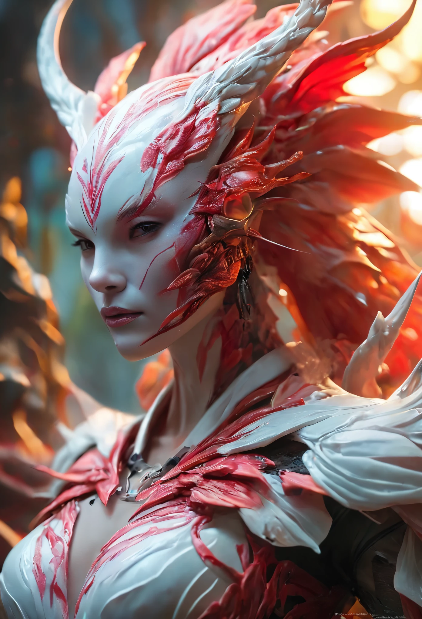 (best quality,4k,8k,highres,masterpiece:1.2), ultra-detailed, (realistic,photorealistic,photo-realistic:1.37), white creature, otherworldly, Lovecraftian, chitinous skin, bioluminescent patterns, somber color palette, eerie lighting.(NSFW:1.4), white, pink, red, very long sharp red claws, large claws, She has bioluminescent all over her body. moist skin, (Ultra-detailed and complex skin patterns:1.2), (Translucent chitinous exoskeleton:1.3), (extremely thin waist:1.4), (destroyed anatomy:1.5), ferocious, erotic
