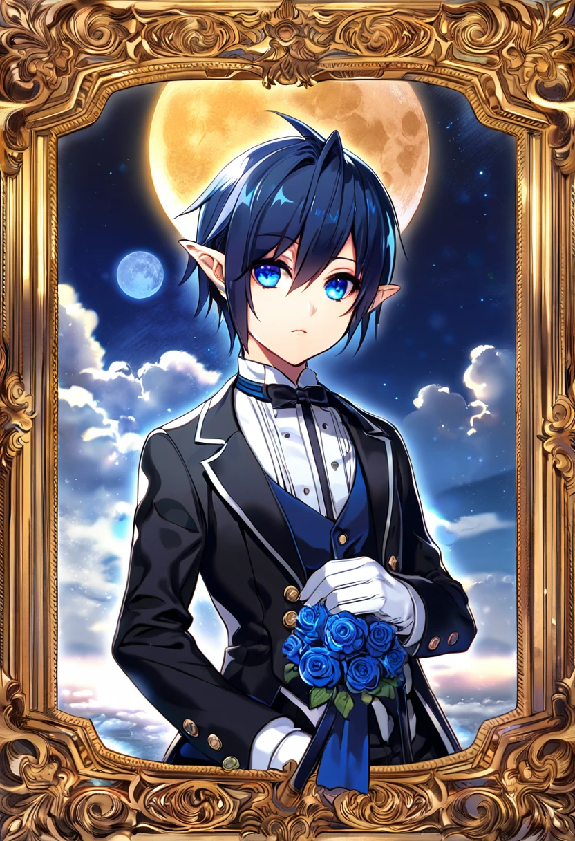 (absurdres, highres, ultra detailed, HDR), masterpiece, best quality, Ciel, 1man, solo, handsome, dark blue hair, vibrant blue eyes, pointed ears, Elsword, finely eye and detailed face, blue roses, moon, butler clothes