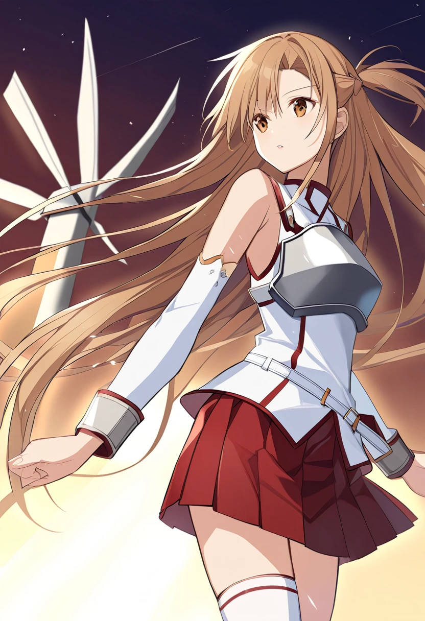Asuna_\(star\), length_hair, skirt, red_skirt, independent_sleeve, windmill, white_Knee socks, Brown_hair, Brown_eye, breastplate, alone, Pleats_skirt, miniskirt,white_belt