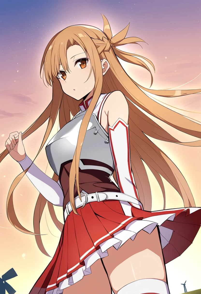 Asuna_\(star\), length_hair, skirt, red_skirt, independent_sleeve, windmill, white_Knee socks, Brown_hair, Brown_eye, breastplate, alone, Pleats_skirt, miniskirt,white_belt