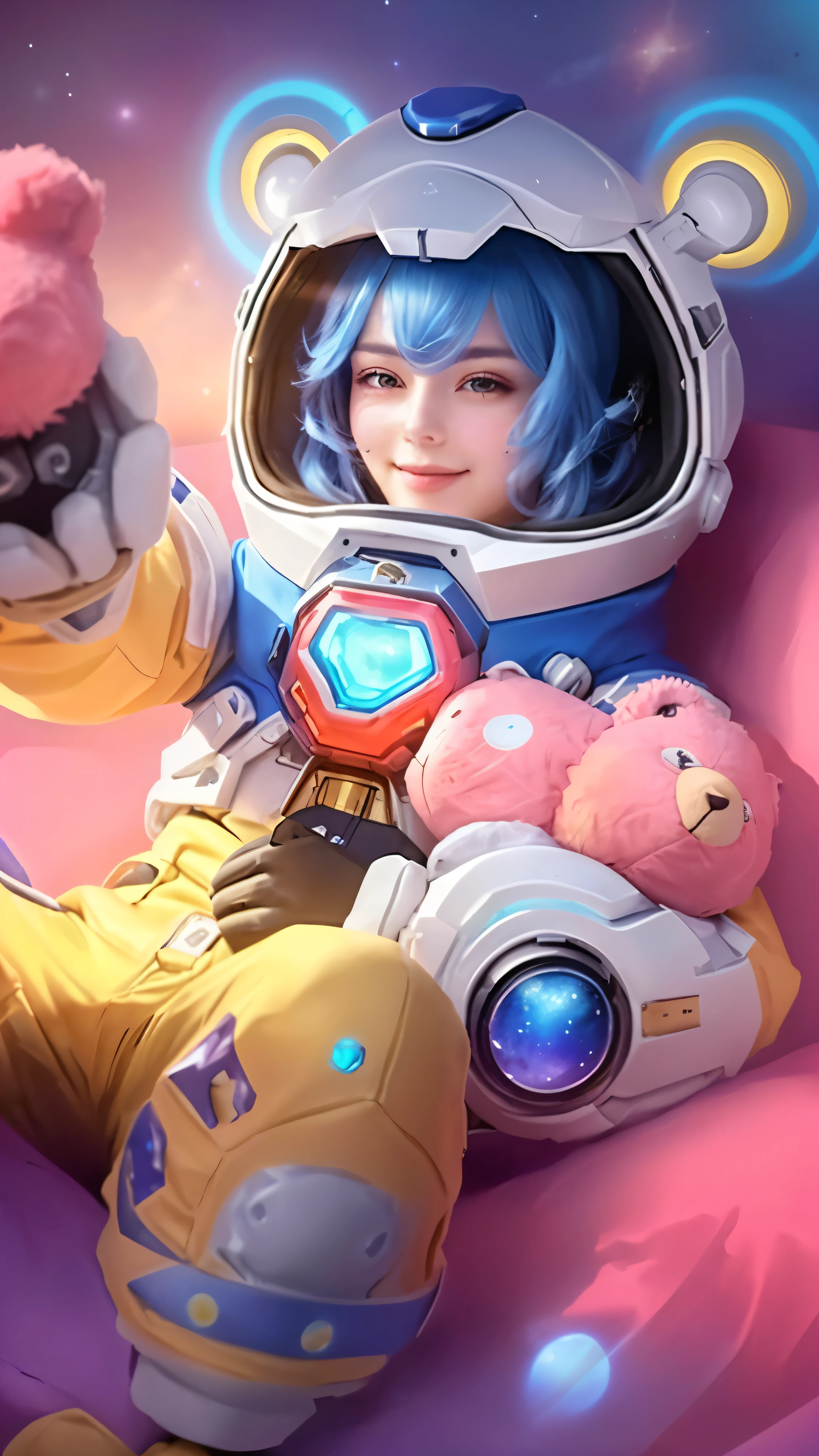 best quality, ultra-detailed, realistic, high-res portrait of a girl in a space suit with a teddy bear, detailed spacesuit design with NASA patches and logos, vibrant and vivid colors, shining metallic texture, realistic reflections on the helmet visor, detailed facial features and expressions, long eyelashes, intense eyes, cute smile, anime-style depiction with large eyes and small nose and mouth, dynamic pose with the girl holding a teddy bear close to her chest, a futuristic spaceship in the background with intricate details and sleek design, starry night sky with nebulae and galaxies, dramatic lighting with a soft glow illuminating the girl's face and suit, the girl's hair floating in zero gravity, futuristic technology elements incorporated into the scenery, intricate patterns and textures on the teddy bear, creating a sense of warmth and comfort in the vastness of space.