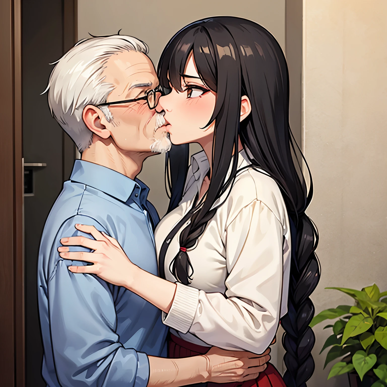 1maturewoman, long black hair, single braid, milf
1oldman, very old
"Mature woman and oldman kissing", kissing, face to face, romantic,single braid
