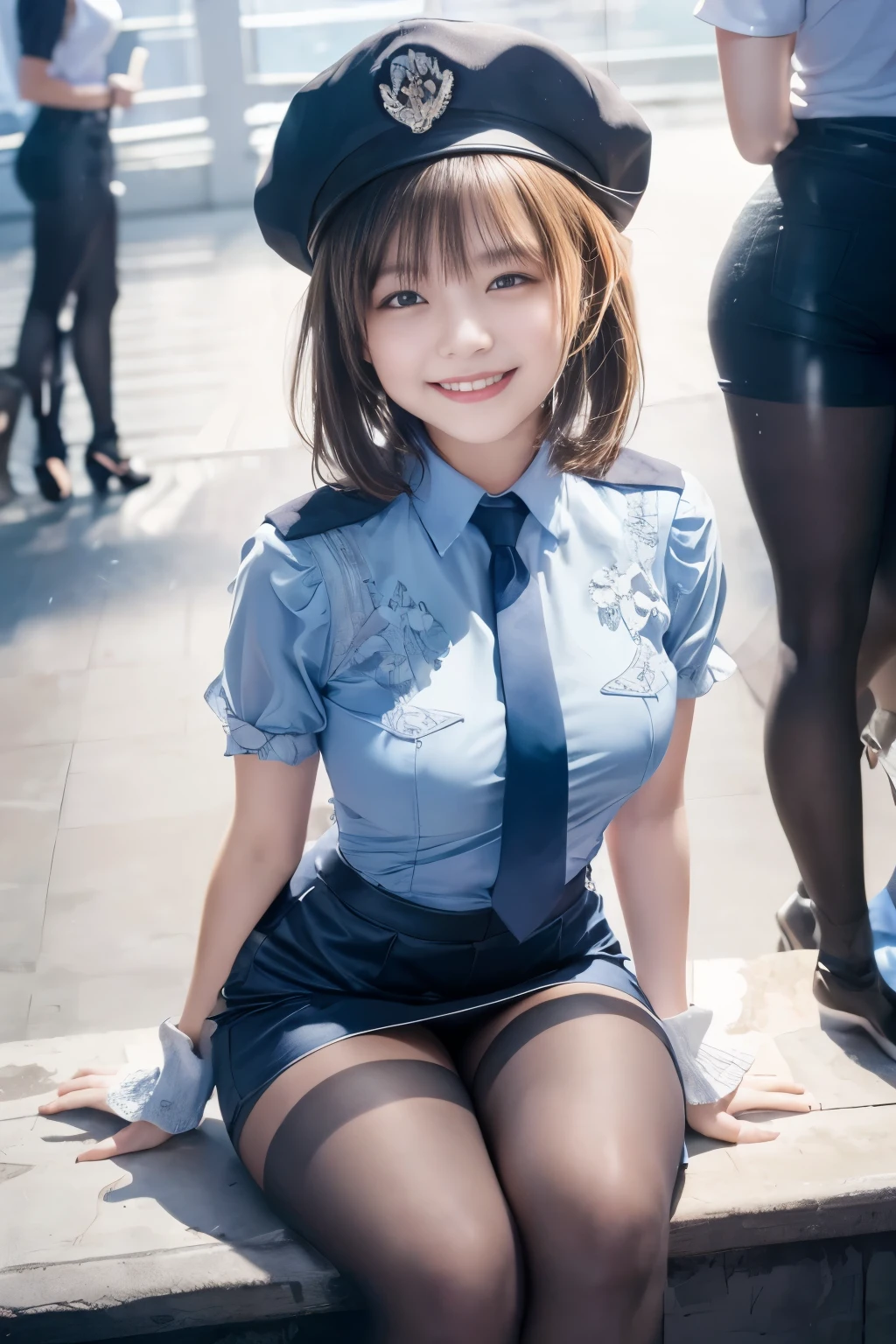 highest quality, masterpiece, Ultra-high resolution, (Reality: 1.4), Original photo, One girl, mature, happy smile, short hair, plump body, , Cinema Lighting, from below,